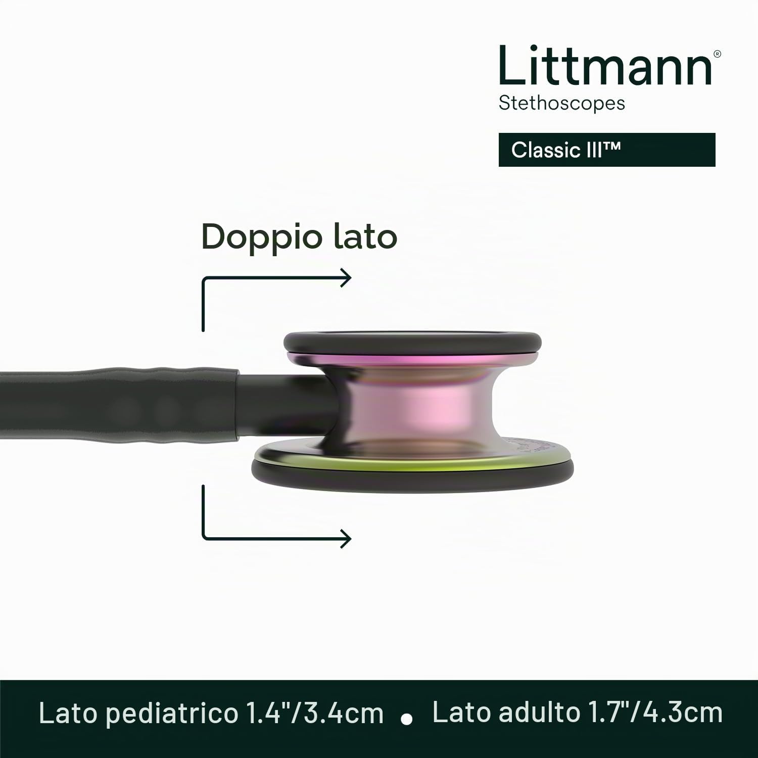 3M Littmann Stetoscopio per il monitoraggio Classic III, testina con finitura arcobaleno, connettore e archetto neri, tubo auricolare nero, 69 cm, 5870
