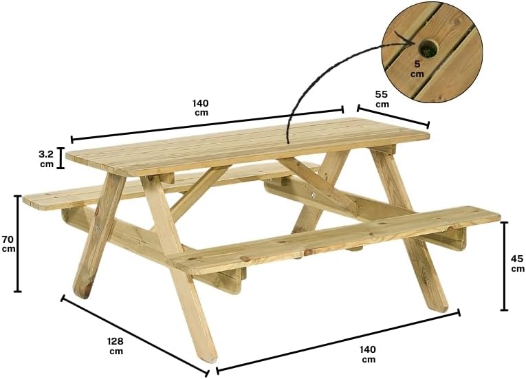 BrackenStyle Jersey Wooden Picnic Table with Bench and Parasol Hole - 1 Piece Furniture Outdoor Dining for Picnic, Pubs, Patio, Garden, BBQ, 6 People Seater with 1.4M Length