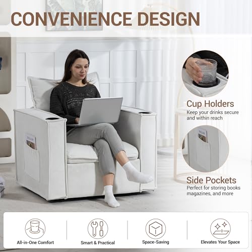 Image of 32 inch Wide Swivel Accent Chair Set of 2 with Cup Holders, White | Comfy Armchair, Side Pockets, Modern Chenille Sofa Couch, Living Room, Bedroom, Corner