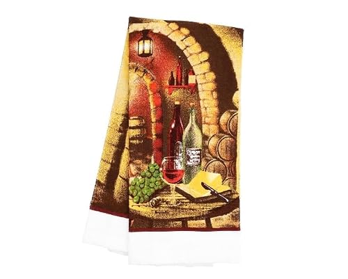 Kitchen Towels Set of 2 - Cotton Terry Cloth Dish Towels with Vineyard Cellar Design - Decorative Wine Themed Kitchen Linens for Wine Lovers - Absorbent Dish Drying Towels 16x16 Inch