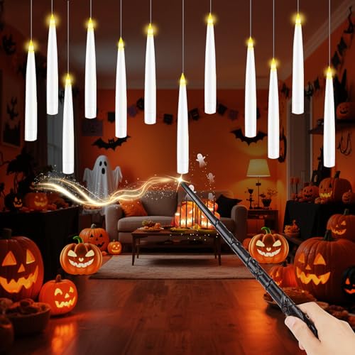Xndryan Schwebende Kerzen 12 Stück Schwimmende LED Kerzen Fliegende Hängende Kerzen mit Zauberstab Fernbedienung und Timer Flammenlose Floating Candles für Party Halloween Weihnachten Deko