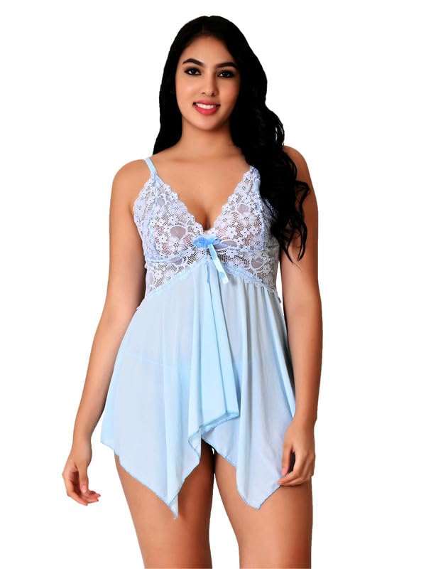 Image of Babydoll Lace Nighty with Adjustable Straps Above Knee V Neck S-3XL