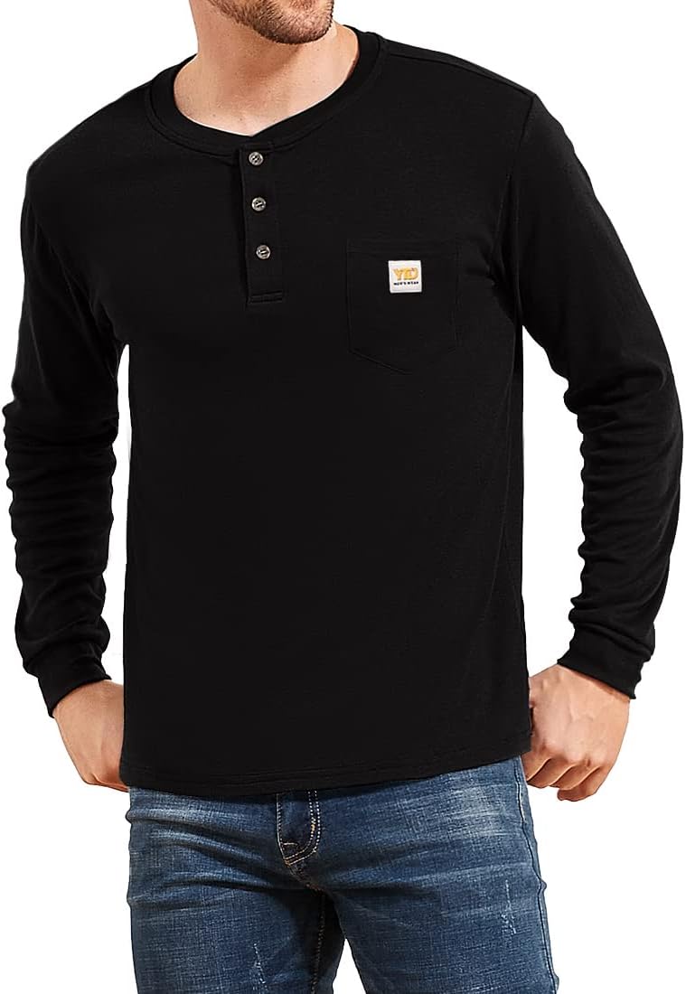 YTD Men's Loose Fit Heavyweight Long Sleeve Pocket Henley T-Shirt Medium 01 Long Sleeve Black