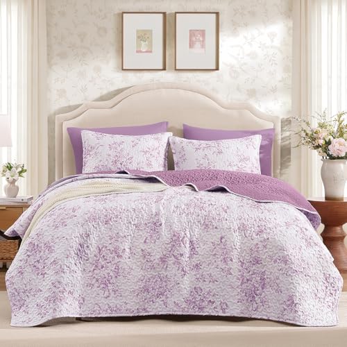 Image of Andency Quilt Twin Size, Purple Flower Bedspread Twin Size, 3 Pieces Soft Bedding Set for Women Teen Girls, Lightweight Coverlet Set for All Season with 2 Pillowcases (68 inchx86 inch)