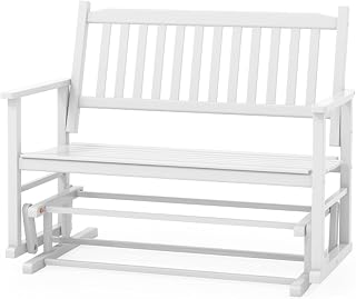 KOMFOTTEU Banco Balancín de 2 Plazas, Silla Mecedora de Jardín de Madera Maciza, Banco de Balanceo con Respaldo Curvo y Reposabrazos, Capacidad de 225 kg, 126 x 68 x 100 cm, Blanco