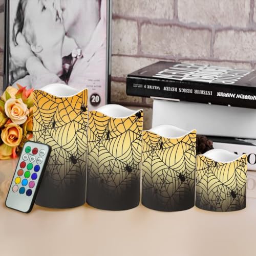 Image of Spider Web Flameless LED Candles Set of 4 | Halloween Battery Operated Candles with Remote Control, Electric Pillar Candles for Holiday Party Living Room Decorations