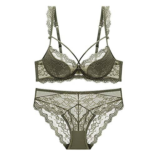 Soutien-gorge et culotte sexy en dentelle florale transparente WENJUN vert olive 80C