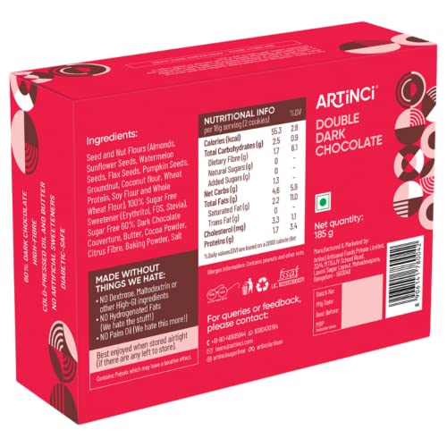 Image of Artinci Keto Double Dark Chocolate Cookies, As Seen on Shark Tank, Sugar Free Diabetic Friendly with High Protein & Fibre Diet Biscuits, Low GI & Carbs, (185g x Pack of 2)
