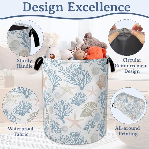 Image of Starfish Coral Shells Laundry Hamper With Handle,Foldable Oxford Cloth Ocean Laundry Basket,20.8 inchx16 inch Clothes Storage Basket for Laundry Room /Bedroom /Bathroom