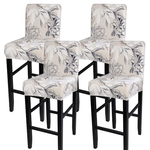 Image of SearchI Bar Stool Covers Set of 4, Stretch Washable Barstool Seat Covers, Counter Height Chair Covers for Kitchen Dining Room Cafe (Beige and Blue Flower)