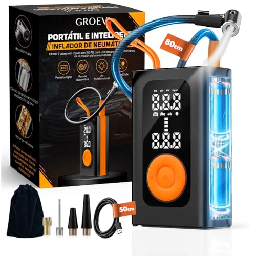 Groevi© Inflador Ruedas Coche 150 PSI – Compresor Aire Portátil Recargable con Batería 4000 mAh USB‑C, LCD Digital, LED Emergencia – Inflador eléctrico con Accesorios Coche y Moto, Viaje