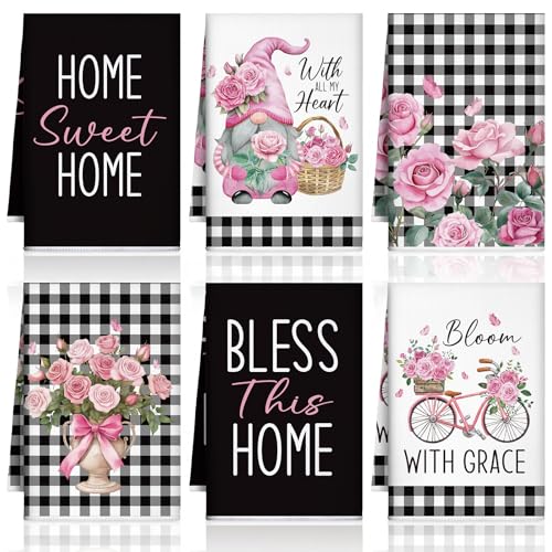 Image of VitalCozy 6 Pcs Lavender Summer Kitchen Towel Set Funny Housewife Farmhouse Rustic Bath Hand Towel for Holiday Bathroom Gift, 24 x 16 Inches (Black and White,Pink Rose)