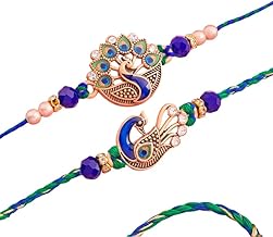 Floweraura Premium Handcrafted Exquisite Set of 2 Royal Beaded Peacock Rakhi With Roli Packet - Rakhi For Brother, Bhai, Kids, Bhaiya, Cousins & Rakshabandhan Gift (Same Day Delivery)