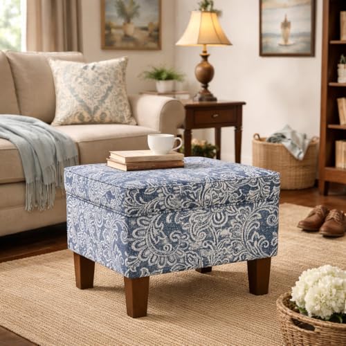 Image of HomePop 22 inch Modern Rectangular Storage Ottoman - Blue Denim Jacobean Print