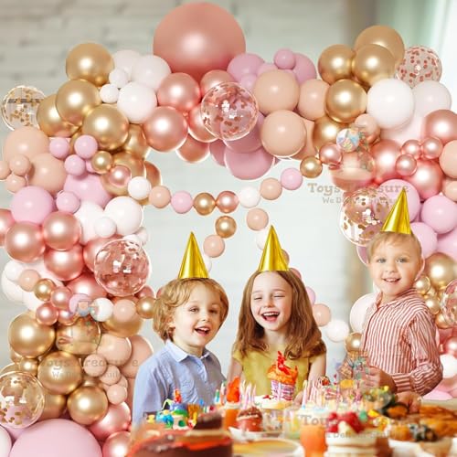 Image of Rose Gold Pink Birthday Decorations 104Pc Party Kit with Balloons, Happy Birthday Banner (Card) & White Accents for Girls Birthday Party Supplies (Pink Rose Gold)