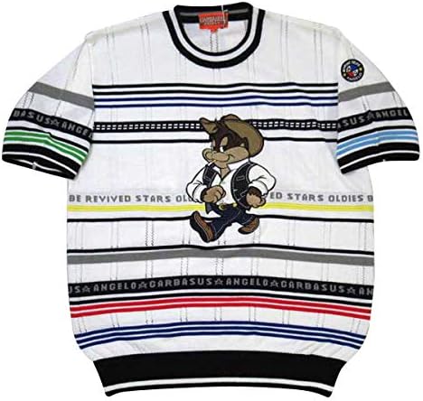 Amazon アンジェロ ガルバス 半袖ニット クルー セーター 綿アクリル ビッグキャラクター刺繍 白ベース ボーダー柄 メンズ L セーター 通販