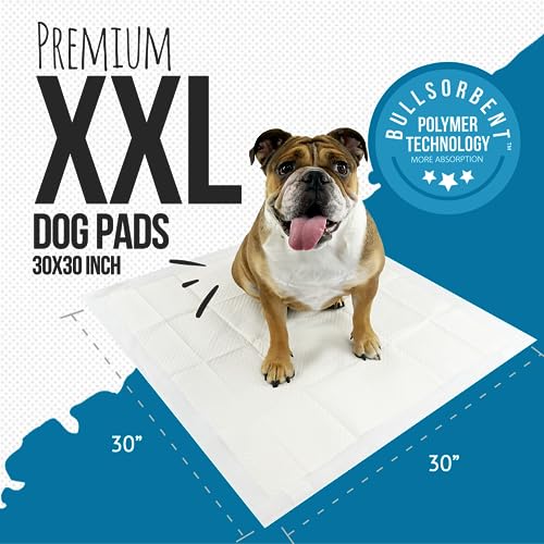 Image of Bulldogology Puppy Pee Pads XXL with Adhesive Sticky Tape - Extra Large Dog Training Wee Pads (30x30) 6 Layers with Extra Quick Dry Bullsorbent Polymer Tech (30-Count, White)