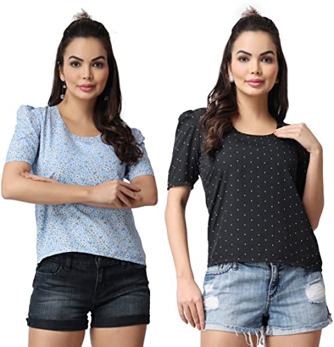 Image of POPWINGS Casual Floral Printed Round-Neck Puff-Sleeves Tops Combo for Women