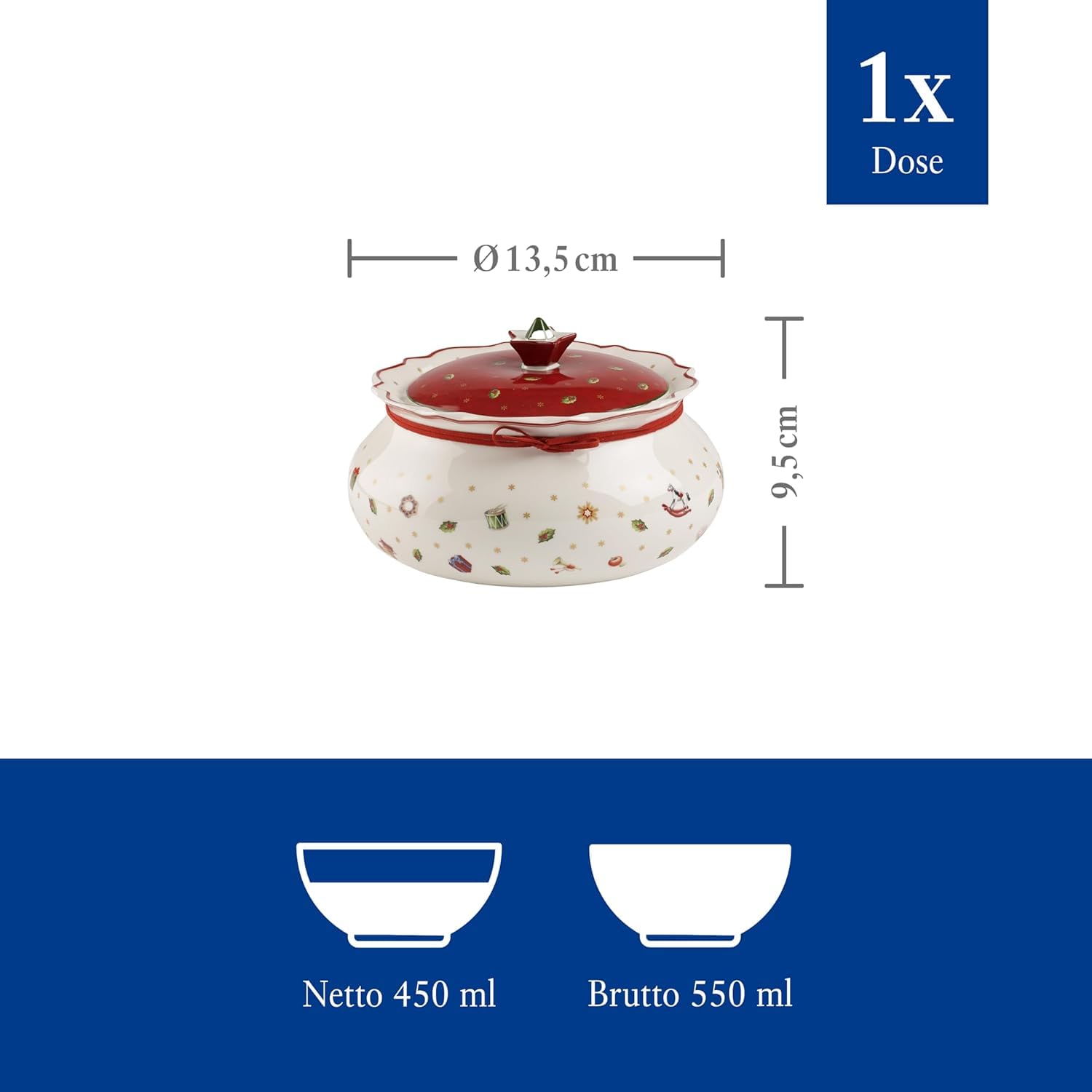 Villeroy & Boch Toy's Delight Dosen-Set 3-teilig, Vorratsdosen in 3 Größen (14 cm / 20 cm / 21 cm), Gebäckdosen/Keksdosen mit Weihnachtsdekor, Premium Porzellan, Weiß/Rot