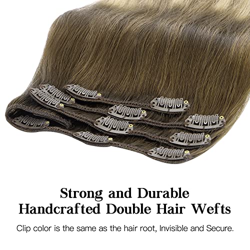 Hotbanana Clip In Hair Extensions, Walnut Brown To Ash Brown And Bleach Blonde 120G Clip In Hair Extensions Real Human Hair Straight Remy Hair Clip In Hair Extensions 14 Inch 7Pcs #TOP4