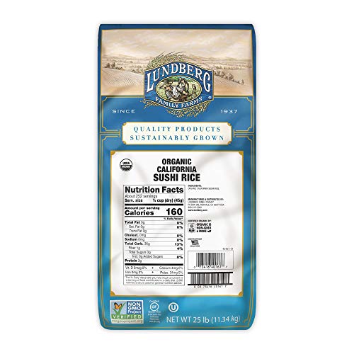 Lundberg Family Farms - Organic California Sushi Rice, Japanese Style Short Grain Rice, Perfectly Sticky, Bulk Rice, Pantry Staple, Non-GMO, Gluten-Free, USDA Certified Organic, Vegan, Kosher (25 lb)