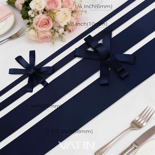 VATIN Double Face Navy Blue Satin Ribbon 3/8" Continuous 25 Yards,Blue Polyester Fabric Ribbon use for Bows Bouquet, Gift Wrapping, Floral Arrangement Wedding Decoration