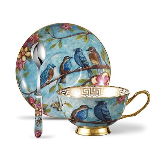 Panbado Tazas de Café de China de Hueso, 200ml, Juego de Café de Porcelana Blanca y Translúcida Tazas de Té para Hogar, Oficina, Restaurante, Regalo para Cumpleaños, Festival - Flores y Pájaros, Azúl