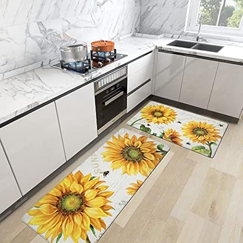 Vintage Yellow Sunflower Kitchen Rugs Set of 2 Non-Slip Anti-Fatigue Kitchen Floor Mat Classic Farmhouse Blooming Yellow Sunflower Pattern 0.4 Inch Thick Kitchen Mat for Kitchen, 17.3x28+17.3x47 inch Cover