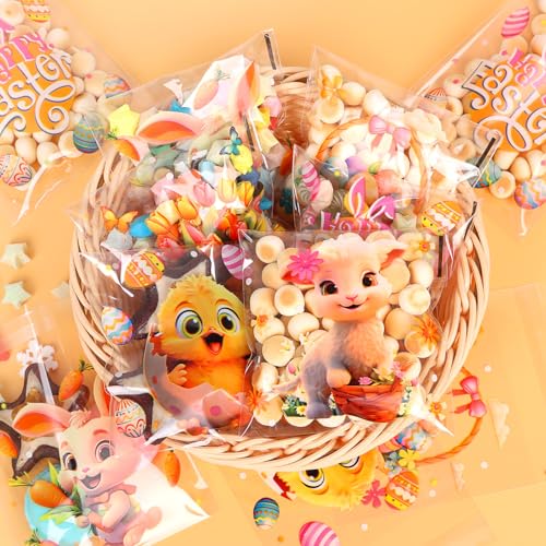 SULOLI 120 Stück Ostern Cellophantüten,Karikatur Hasen Entchen Transparent Plätzchentüten,Zellophantüten für Bonbon Süßigkeiten Plätzchen Kekse