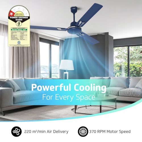 Image of V-Guard Pace Art Bz Ceiling Fan For Home | BEE 1 Star Rating | Decorative Trims | 370 RPM | 2-Year Coverage | 1200 mm (Royal Blue)