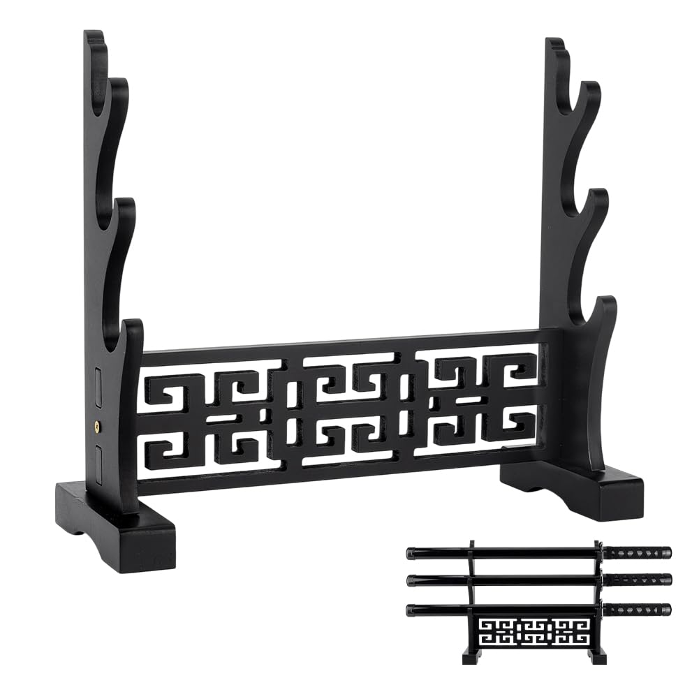 UNICRAFTALE 3 Tier Schwertständer Basis Schwertdisplay Ständer Schwarz MDF Katana Ständer Holzständer Samuraischwerter Halterung Cosplay Ständers Schwerthalterung für Lichtschwerter 40x14x34.5cm