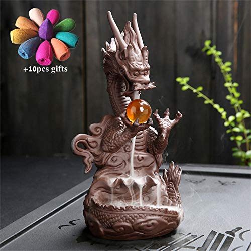 TWGDH Quemador de Incienso de reflujo de dragón de cerámica Incensario de Cascada de Humo Titular de Incienso de dragón con Bola de Cristal Decoración del hogar + 10 Piezas Conos