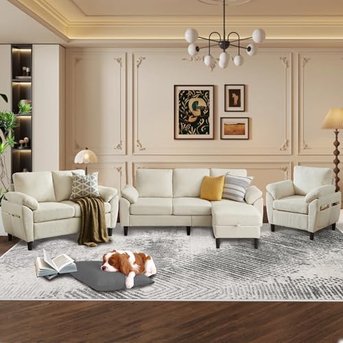 Image of 4 Piece Modern Corduroy Sofa Set, L-Shaped Sectional Couch with Storage Ottoman, Loveseat & Single Arm Chair, Side Storage Pockets, Removable Cushions for Living Room Apartment