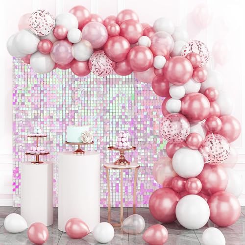 Image of Iridescent Pink Shimmer Wall Backdrop,Shiny Sequins,24Pcs Sequins Backdrop Decoration Panels,Glitter Bling Photo Background Decorations for Birthday Party Wedding Anniversary Graduation