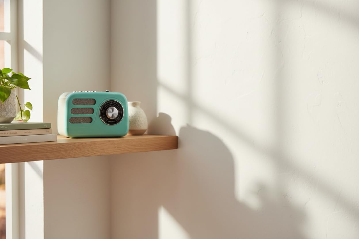 Mooov 477240 - Vintage-Radio mit Bluetooth 5.4 mit Akku, UKW/MW-Radio, tragbar, Retro, kompakter kabelloser Lautsprecher, USB und microSD, 6 Stunden Laufzeit - Türkis