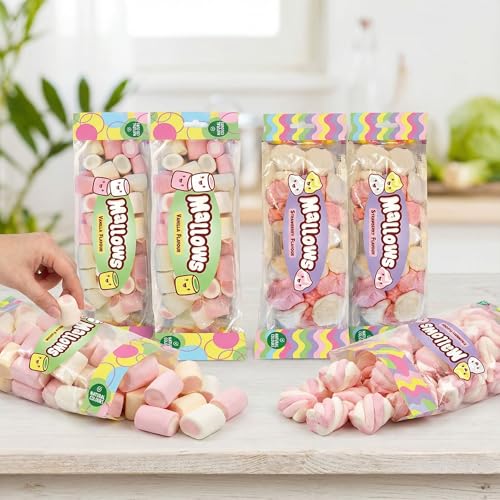 MIJOMA Marshmallow Set - 4x138g Mallow Bags im Auswahl-Set - Marshmallows in Erdbeer & Vanille - Bunte Schaumzucker-Mischung zum Snacken & Verschenken (Tubes & Swirls)