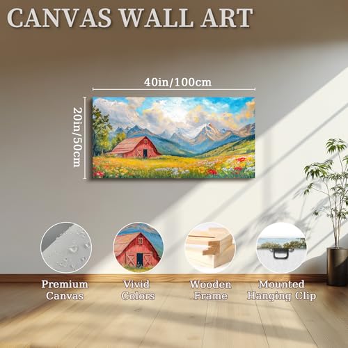 crmotu Mountain Barn Large Wall Art, Rustic Farmhouse Wall Decor, Nature Landscape Art Prints, Colorful Wildflowers Canvas Paintings, Bright Pictures for Living Room Bedroom Kitchen 20x40 Inch