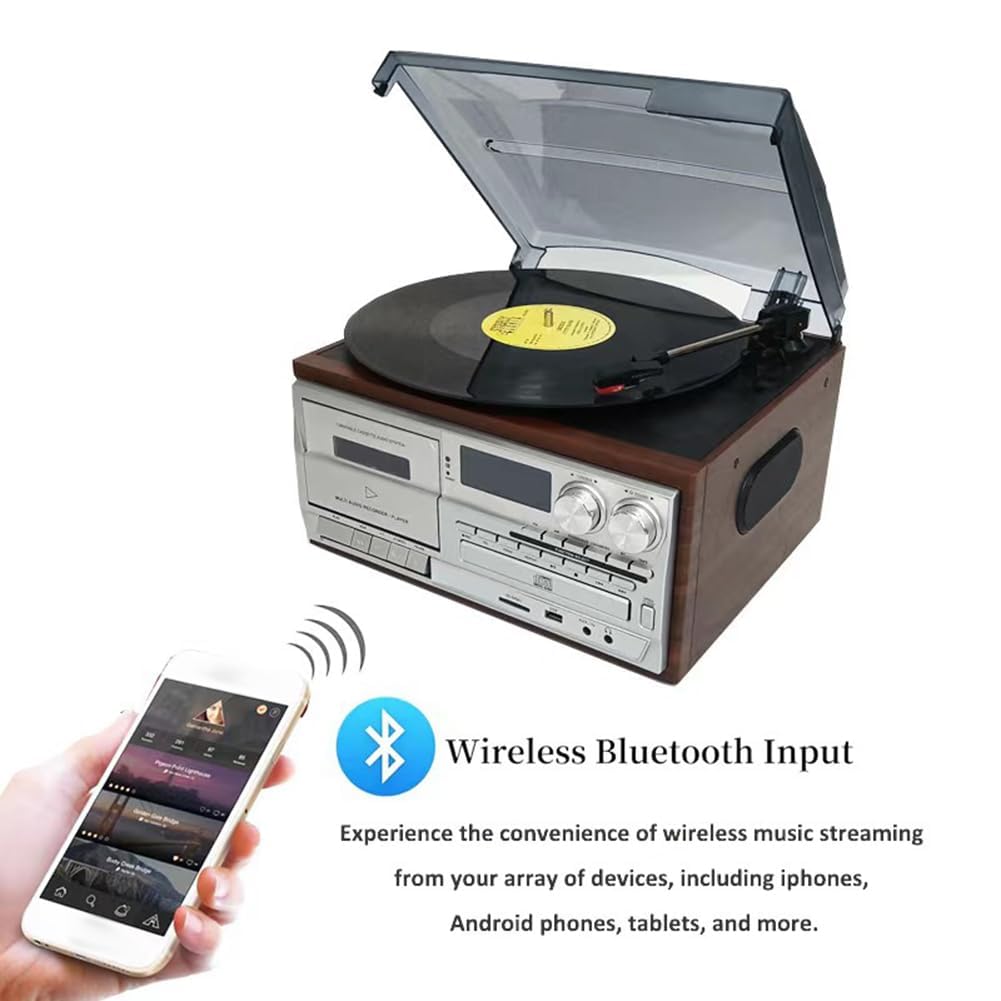 Sistema di intrattenimento retrò 10 in 1 con Bluetooth, lettore di cassette, giradischi in vinile, telecomando, altoparlanti integrati per uso domestico e ufficio