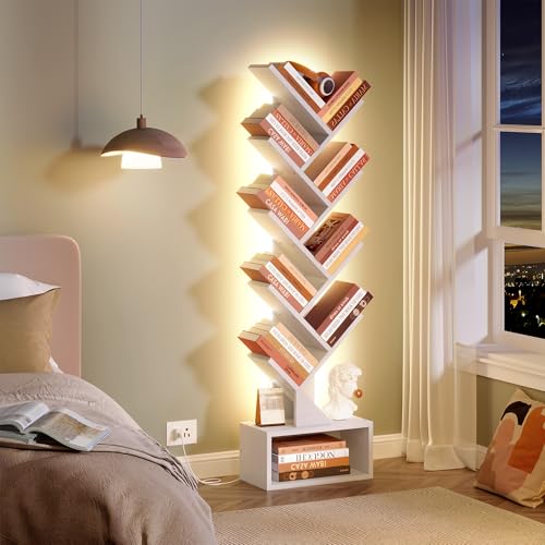 Image of Hoctieon 9 Tier Tree Bookshelf, Tall Bookcase, Freestanding Book Shelf with LED Lights, Display Floor Standing Storage Shelf, Book Organizer Shelves for Home Office, Living Room, White