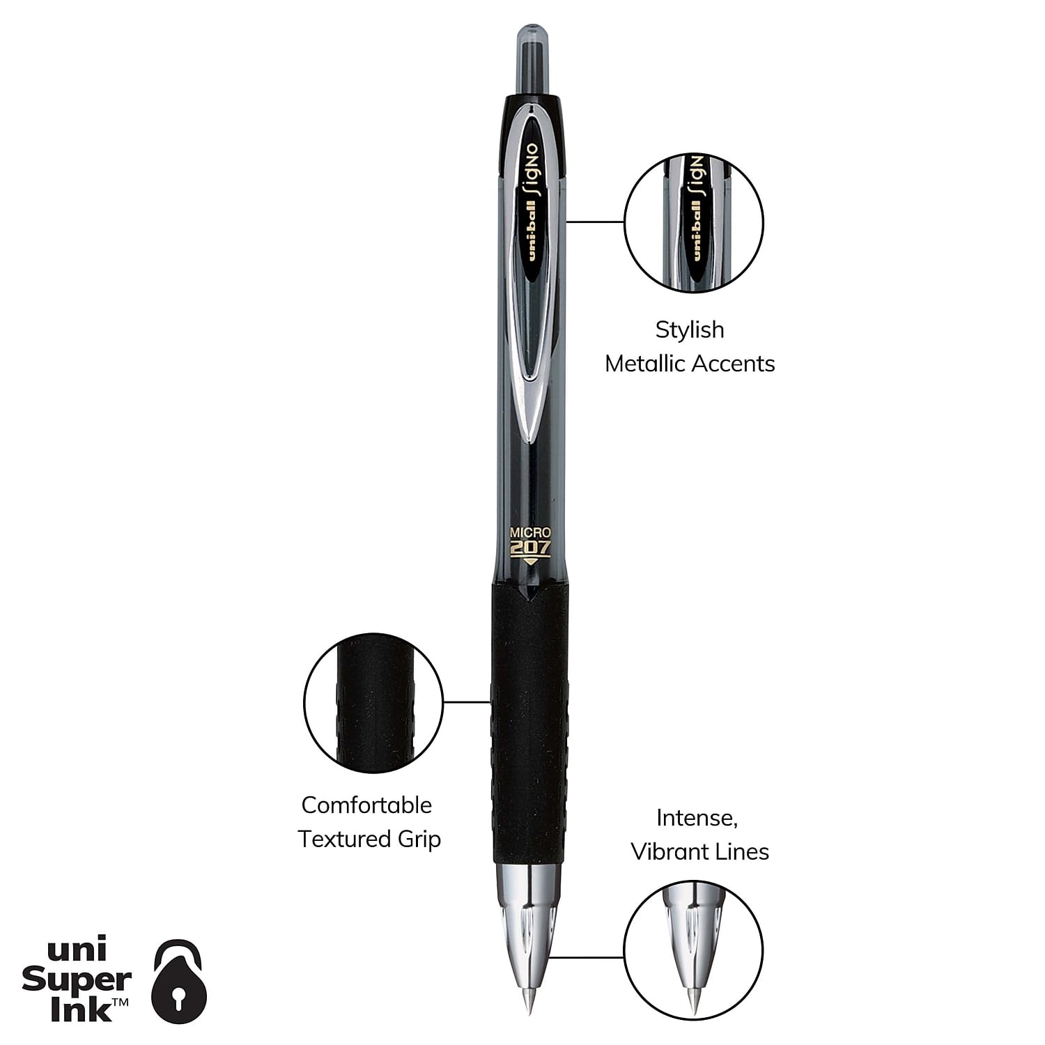 uni-ball® Signo Gel 207™ Gelschreiber, einziehbar, Micro Point, 0,5 mm, schwarzer Schaft, schwarze Tinte, 4 Stück
