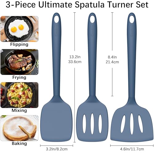 Image of Coukre 3 Pack Silicone Spatula Set, Heat Resistant to 500F, BPA-Free | Fish Spatula, Solid & Slotted Turners, Dishwasher Safe, Spatula Set for Eggs, Pancakes, Fish & Burgers, PureDarkBlue