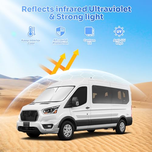Image of Canvcle Window Shades for 2015-2025 2026 Ford Transit Accessories Windshield Sun Shade Side Rear Window Cover Sunshade Sun Visor Shield Privacy Protection for Camping Keep Vehicle Cool Black 3PCS