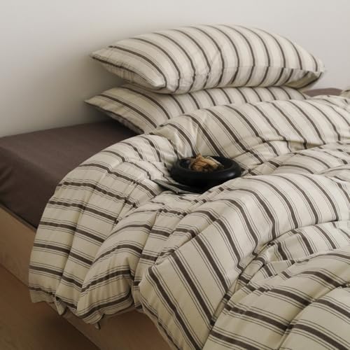 Image of Nayoroom Striped Duvet Cover Queen Size Brown Stripe Duvet Cover Dorm Bedding Set 3 Pieces Soft Lightweight Microfiber Farmhouse Bedding Set Gifts for Women Men
