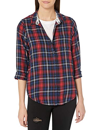 Lucky Brand Women's Long Sleeve Button Up One Pocket Classic Plaid Shirt, Navy Multi, M