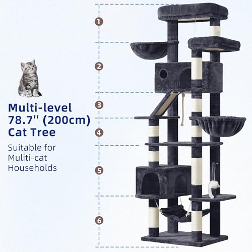 Image of Gitelsnour Tall Cat Tree Tower for for Multiple Cats, Large Condo, GCT031G | 78.7 inch(200cm) Multi-level Scratching Post for Indoor Large Adult, 2 Condo, 4 Platforms, 3 Hammock, Sisal Rope, Toys Smoky Gray