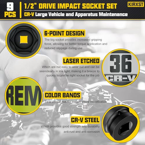Image of 9 Piece 1 /2 inch Drive Impact Socket Set, Metric Axle Nut Sockets, 29-38mm Thicker Jumbo Sockets, Socket Set, 6 Point, Cr-V Steel for Auto Repair