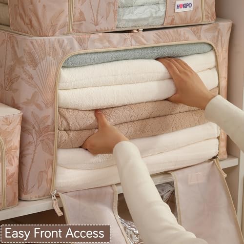 Image of HOKIPO 88L(XL) Wardrobe Organiser for Storage of Clothes, 600D Oxford Fabric Storage Box, Beige Botanica Pack of 2 (AR-6487-BGE*2)