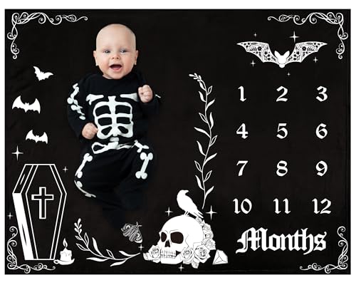 Image of Baby Monthly Milestone Blanket Gothic Baby Month Blanket Goth Nursery Decor for Boys Girls Monthly Year Bat Photo Fleece Prop Stuff Background 50 X 40 in Halloween Shower Decorations