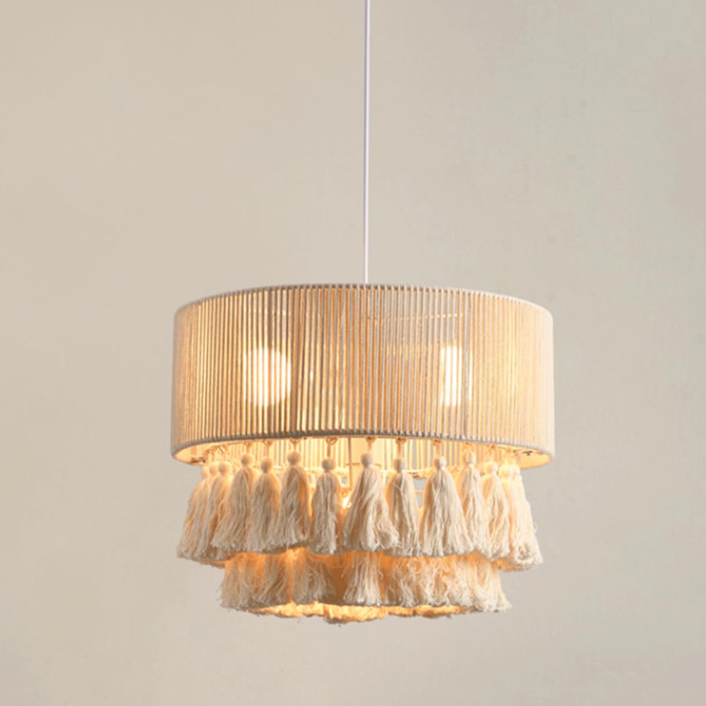 YNAHZAOK Bohemian-Style Pendant Light Guesthouse Living Room Hanging Lighting Wabi-sabi Style Hand Woven Cotton Cord Lampshade Hanging Lamp Modern Style Dining Room Chandelier Adjustable Height