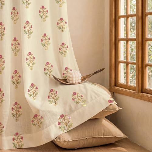 Image of Urban Space 100% Cotton Curtains with Gold Foil Print | Upto 60% Light Blocking Window Curtain 5 feet I Set of 2 Decorative Curtains with Eyelets and Tieback Included (Zari Mohar Pink Gold - 5 feet)